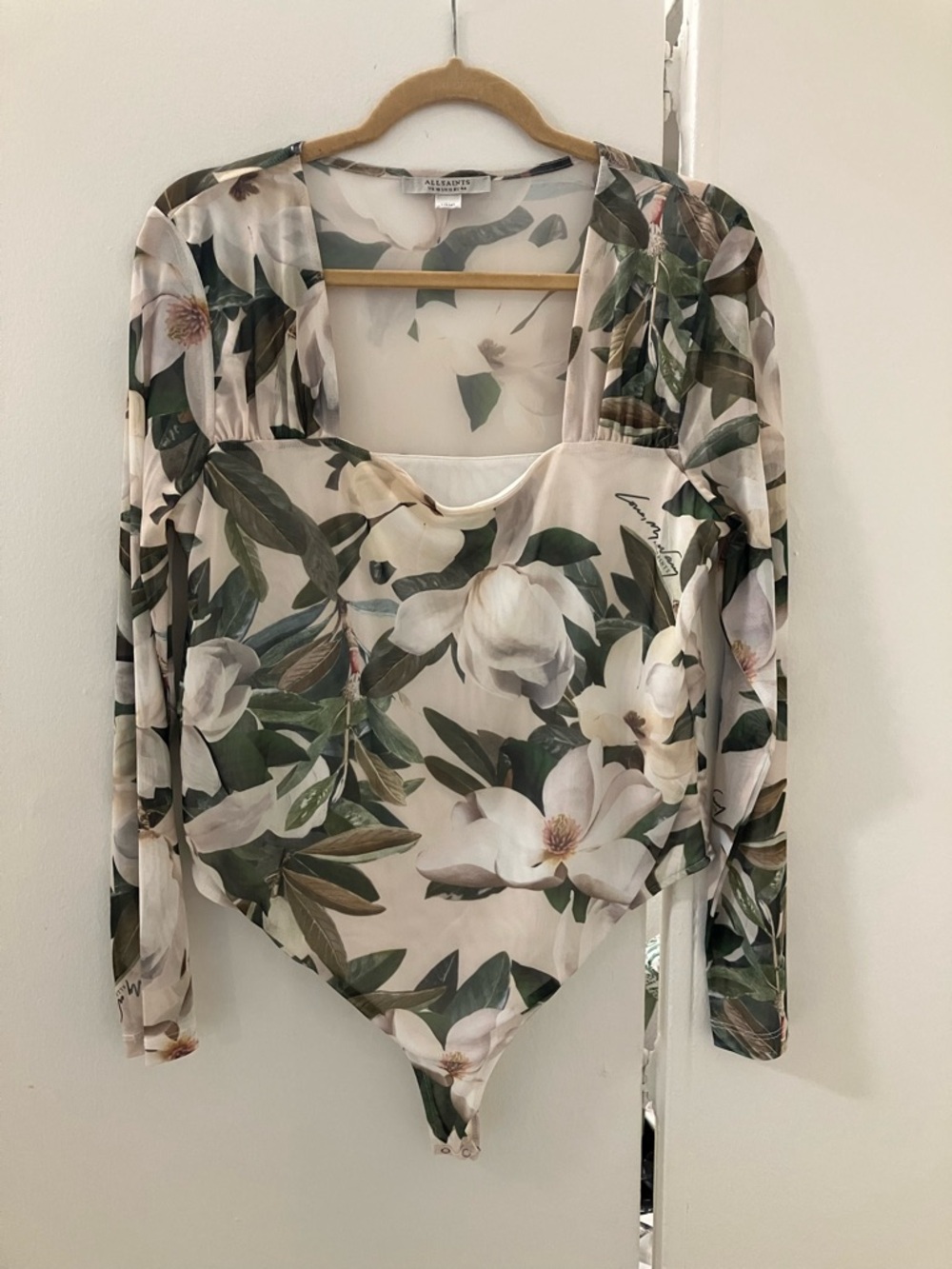 ALLSAINTS Tara Alessandra Floral Stretch Mesh Long Sleeve Body Suit Sz US 12